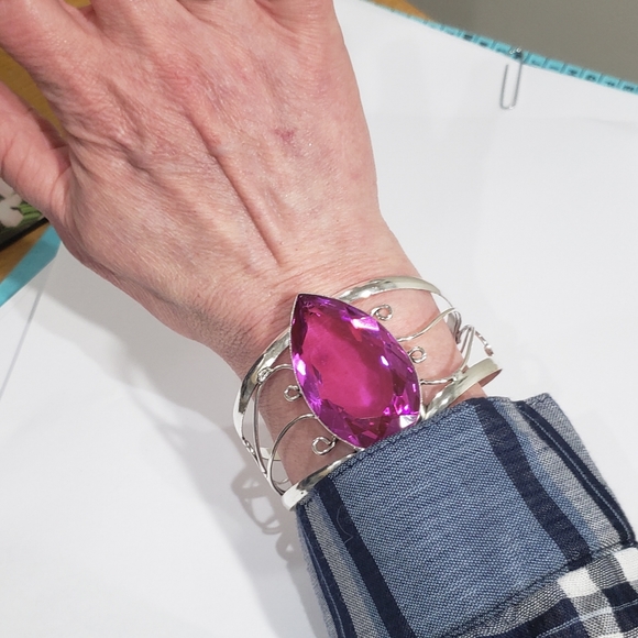Pink Rubellite bracelet, 925 silver large pink rubellite adjustable cuff bangle - Picture 13 of 13